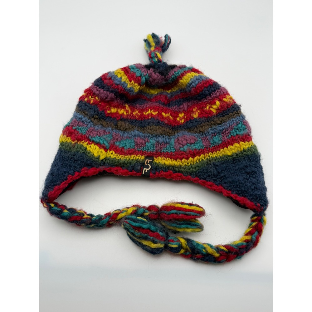 FUR Hand Knit Wool Blend Earflap Beanie Multi Color Striped Fleece Lined Hat
